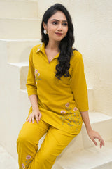 Mustard Floral Embroidered Cotton Top – Breathable & Elegant Everyday Wear