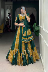 Mustard & Green Cotton Chaniya Choli with Cowrie Lace for Navratri Festival