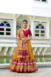 Stitched Tussar Silk Lehenga Set with Patola Print and Foil Works