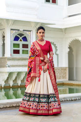 Stitched Tussar Silk Lehenga Set with Patola Print and Foil Work