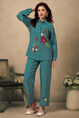 Dark Teal Chanderi Silk Co-Ord Set with Floral Patchwork & Stone Embellishments – Elegant Occasion Wear