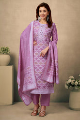 Light Purple Silk Jacquard Straight Salwar Suit with Embroidery Work