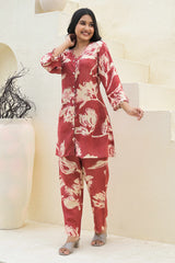 Cherry Red Floral Rayon Co-Ord Set – Stylish & Comfortable Festive Wear