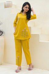 Mustard Floral Embroidered Cotton Top – Breathable & Elegant Everyday Wear
