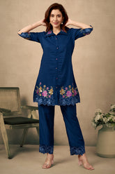 Navy Blue Floral Embroidered Chinon Co-Ord Set – Elegant & Comfortable Occasion Wear