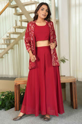 Maroon Embroidered Chanderi Silk Co-Ord Set with Georgette Bottom – Festive & Elegant Ensemble