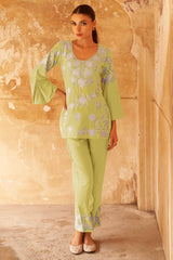 Lime Green Rayon Co-Ord Set with Floral Embroidery – Chic & Comfortable Daily Wear