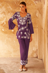 Deep Purple Floral Embroidered Rayon Co-Ord Set – Elegant & Comfortable Everyday Wear