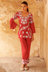 Red Floral Embroidered Rayon Co-Ord Set – Top & Bottom