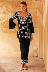 Black Floral Embroidered Rayon Co-Ord Set – Chic & Comfortable Everyday Wear