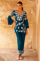 Teal Floral Embroidered Rayon Co-Ord Set – Top & Bottom