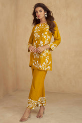 Mustard Floral Embroidered Rayon Co-Ord Set – Elegant & Comfortable Everyday Wear