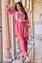 Gajri Pink Rayon Co-Ord Set with Floral Embroidery – Elegant & Comfortable Daily Wear