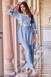 Sky Blue Floral Embroidered Rayon Co-Ord Set – Top & Bottom