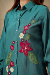 Dark Teal Chanderi Silk Co-Ord Set with Floral Patchwork & Stone Embellishments – Elegant Occasion Wear