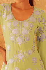 Lime Green Rayon Co-Ord Set with Floral Embroidery – Chic & Comfortable Daily Wear
