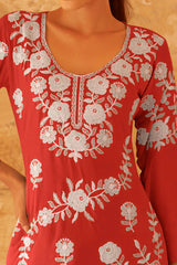 Red Floral Embroidered Rayon Co-Ord Set – Top & Bottom