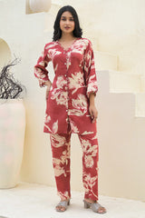 Cherry Red Floral Rayon Co-Ord Set – Stylish & Comfortable Festive Wear