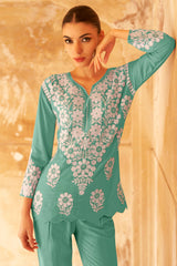 Rama Green Rayon Co-Ord Set with Floral Embroidery – Comfortable & Stylish Everyday Wear