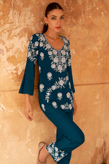 Teal Floral Embroidered Rayon Co-Ord Set – Top & Bottom