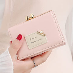 Women’s Pink PU Leather Short Wallet | Compact Ladies Purse with Multiple Card Slots & Secure Loop Closure