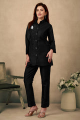 Black Organza Co-Ord Set with Floral Pattern & Stone Handwork – Elegant Party Wear