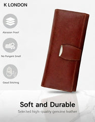 Women’s Long Brown Leather Wallet Clutch with Loop Closure & Dual Zipper Pockets