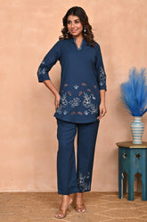 Navy Blue Hand-Embroidered Cotton Co-Ord Set with Bead Detailing
