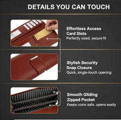 Women’s Long Brown Leather Wallet Clutch with Loop Closure & Dual Zipper Pockets