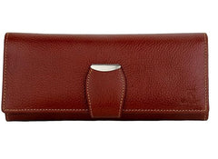 Women’s Long Brown Leather Wallet Clutch with Loop Closure & Dual Zipper Pockets