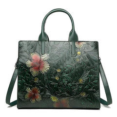 Women’s Vintage-Inspired Green Embossed Floral Square Handbag – PU Leather Zipper Bag with Chain Accent for Daily Elegance