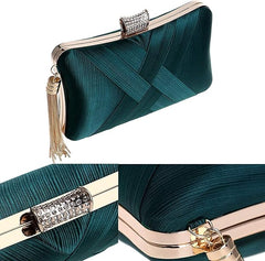 Handicraft Satin Evening Clutch for Women | Elegant Box Clutch with Crystal Clasp & Detachable Tassel Chain