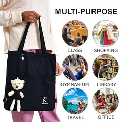 Trendy Canvas Tote Bag for Women & Girls – Aesthetic Korean Style College Bag with Cute Teddy Charm