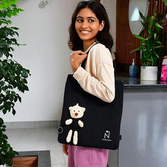Trendy Canvas Tote Bag for Women & Girls – Aesthetic Korean Style College Bag with Cute Teddy Charm