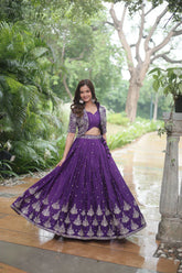 Full-Stitched Chinnon Lehenga Set with Rich Sequins Embroidery, Blouse & Koti