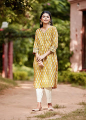 Mustard Straight-Cut Hand-Block Printed Cotton Kurta