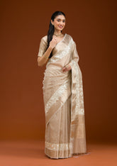 Elegant Gold Tissue Saree with Silver Zariwork Embroidery – Unstitched Blouse Included