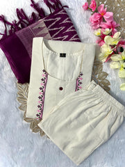 Off-White Embroidered Kurta Set with Trouser & Dupatta
