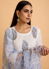 White & Blue Cotton Semi-Flared Kurta Set with Kota Doria Dupatta