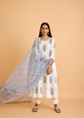 White & Blue Cotton Semi-Flared Kurta Set with Kota Doria Dupatta