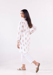 White & Dusty Orange Cotton Kurta with Handcrafted Block Print