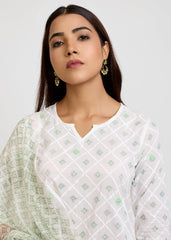 White & Green Cotton A-Line Kurta with Block Print & Embroidery
