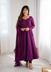 Wine Georgette Anarkali Suit with Lucknowi Embroidery & Ruffle Dupatta