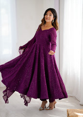 Wine Georgette Anarkali Suit with Lucknowi Embroidery & Ruffle Dupatta