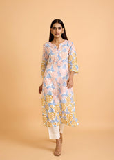 Yellow & Blue Cotton Kurta with Multicolor Rose Block Print