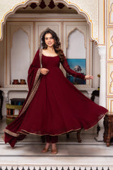 Maroon Faux Georgette Anarkali Suit – Sequence Work, Fully Stitched