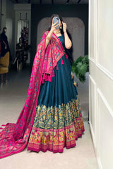 Tussar Silk Lehenga Set with Elegant Foil Print and Gotta Patti Lace Dupatta