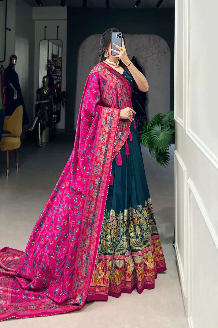 Tussar Silk Lehenga Set with Elegant Foil Print and Gotta Patti Lace Dupatta