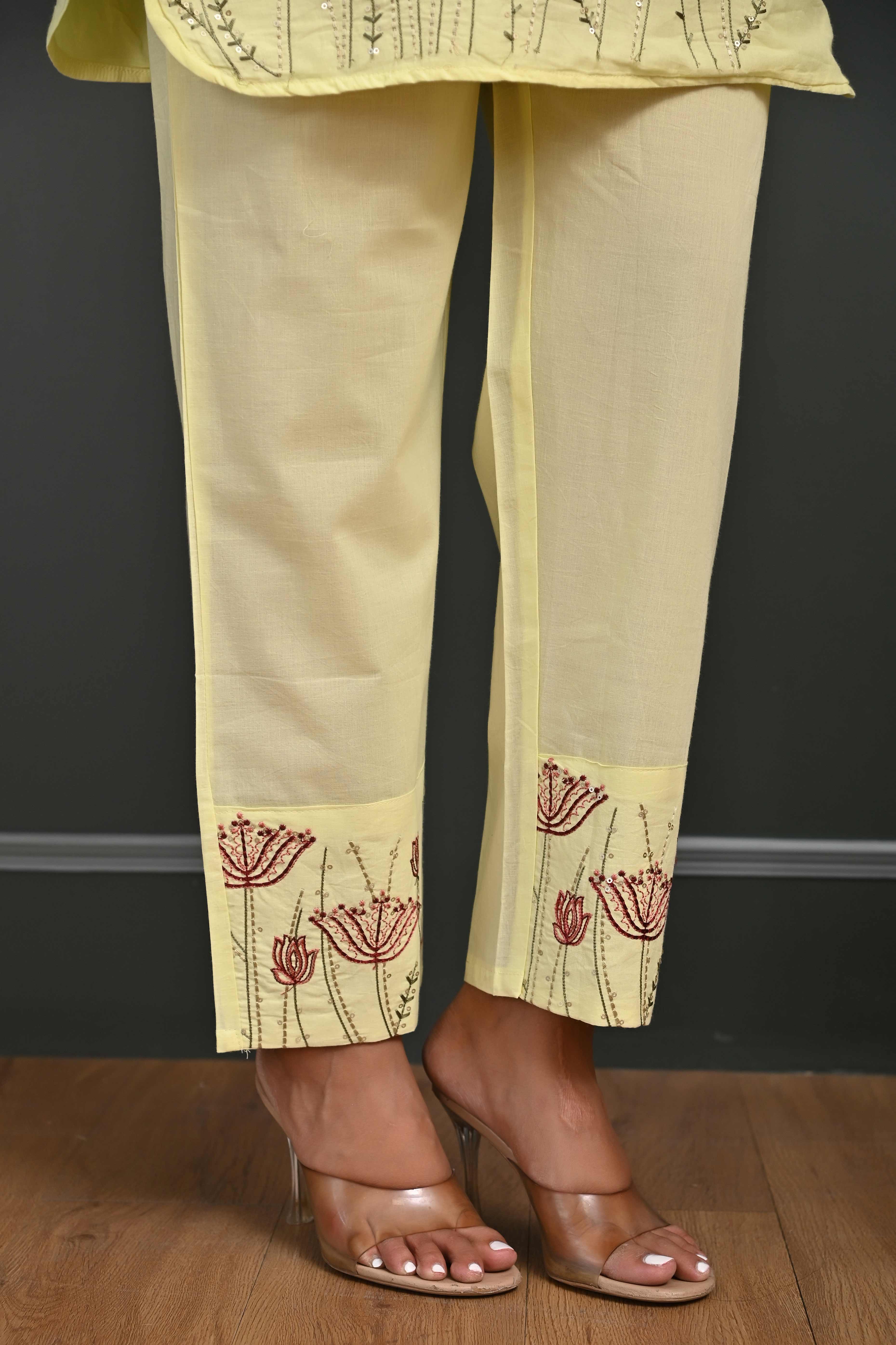 Yellow Floral Embroidered Co-Ord Set – Top & Bottom