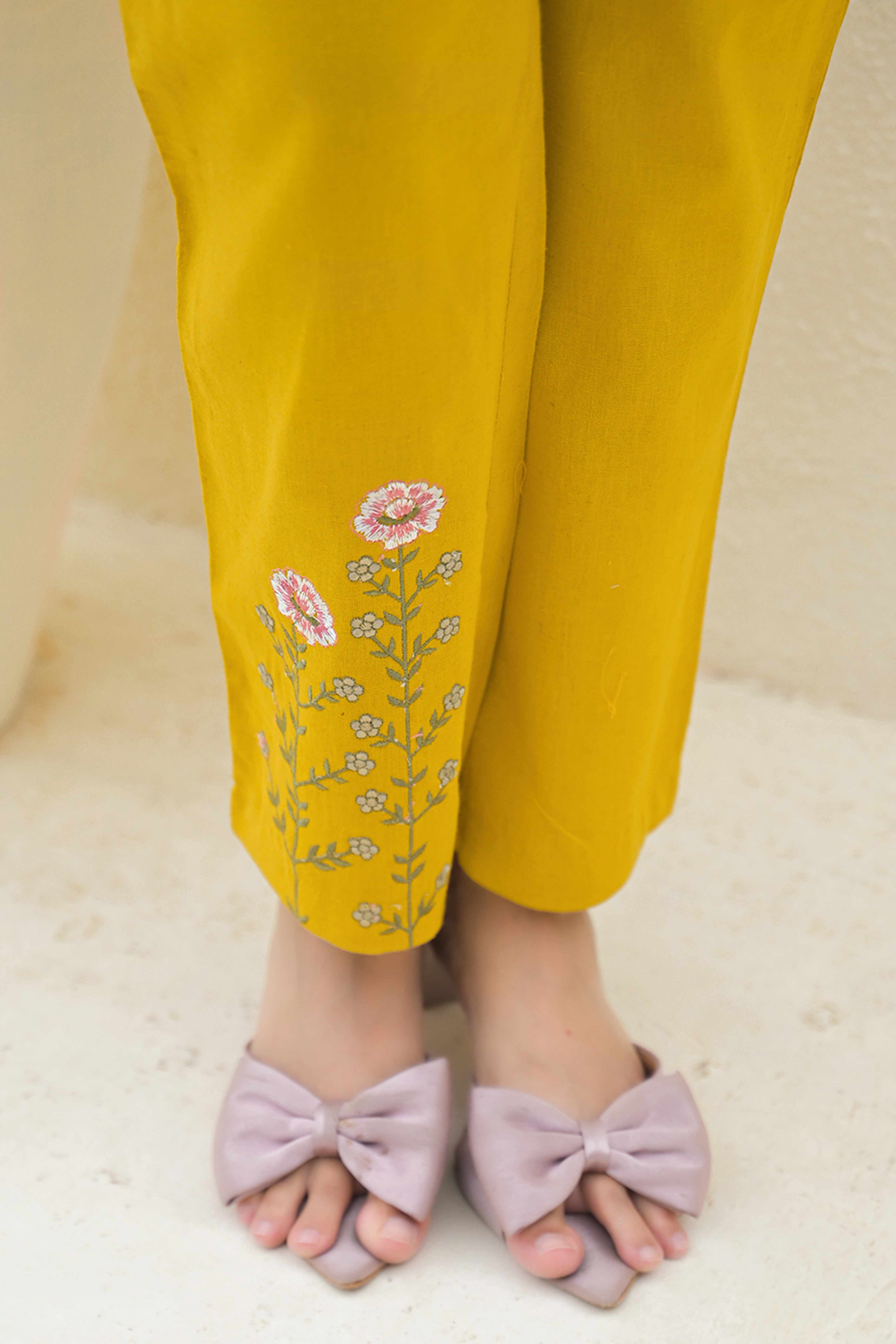 Mustard Floral Embroidered Cotton Top – Breathable & Elegant Everyday Wear